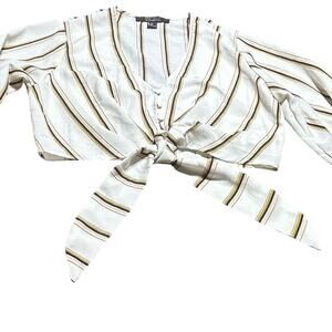 Forever 21 White and Black Striped Tie-Front Blouse